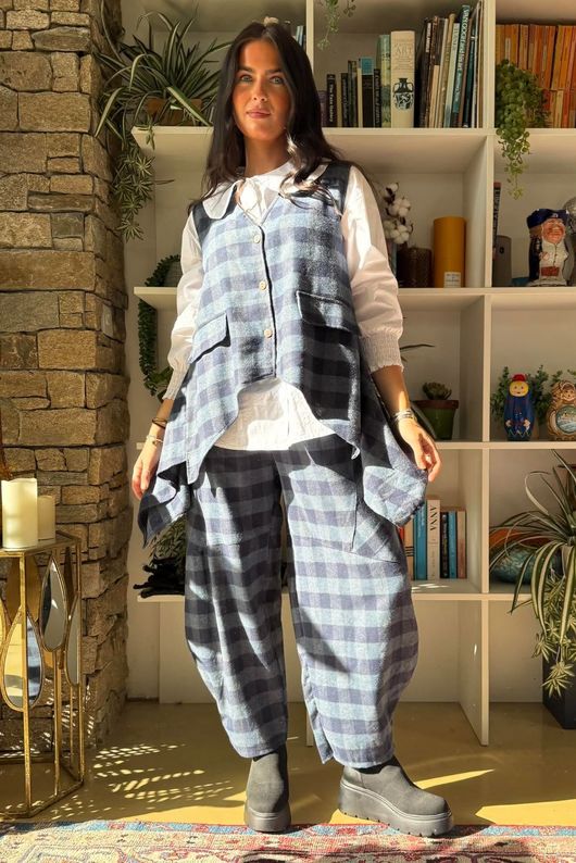 Nora Brushed Cotton Gingham Trapeze Waistcoat Navy